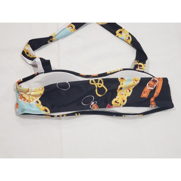 Black Colorful Western Buckle & Gold Chain Swimsuit Bikini Top w Neck Tie Around - Picture 3 of 6
